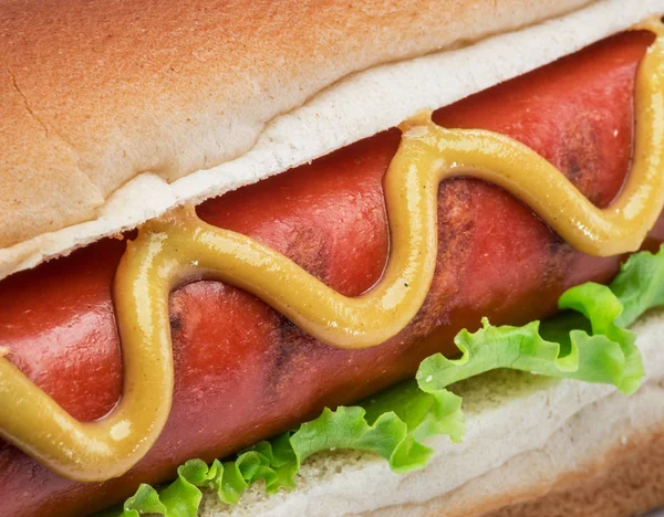 Cachorro quente - linguiça grelhada em um pão com molhos close-up. Alimentos ba — Fotografia de Stock