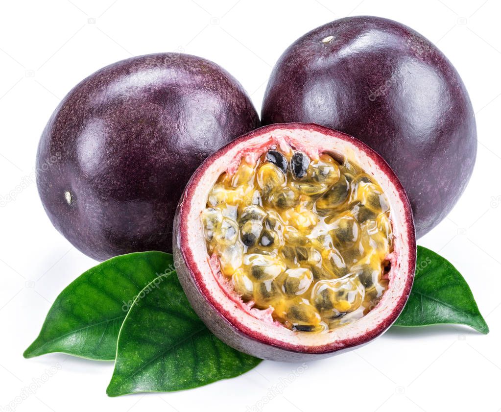 Passion fruits and its cross section with pulpy juice filled wit