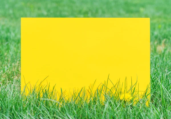 Gelbes Papier leer auf dem grünen Gras. Grünes Gras als Rahmen. — Stockfoto