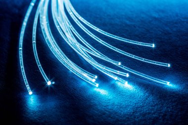 Uçları ışıklar ile optik liflerin paketi. Mavi artalan