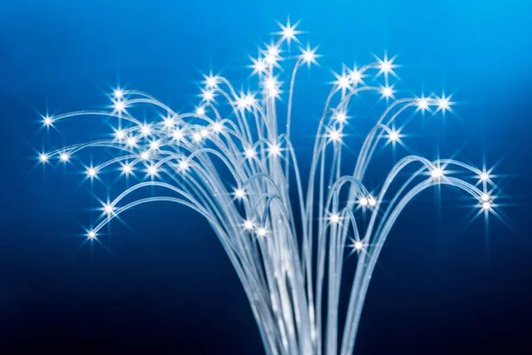 Fascio di fibre ottiche con luci alle estremità. Backgroun blu — Foto Stock