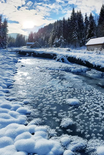 Beau paysage hivernal. Rivière gelée et sapins verts couverts — Photo