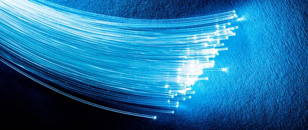 Egy csomó optikai szál lámpával a végén. Kék háttérképet — Stock Fotó