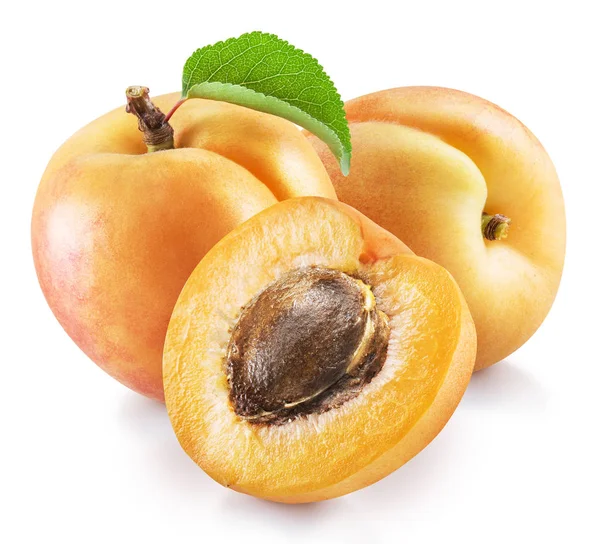 Ripe apricot fruits with green leaf and apricot half. File conta — Stock Photo, Image