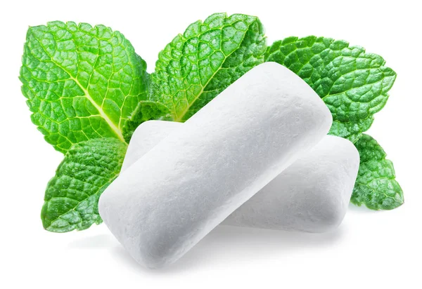 Chewing gum pieces and mint leaves on white background. Clipping — Stock Photo, Image