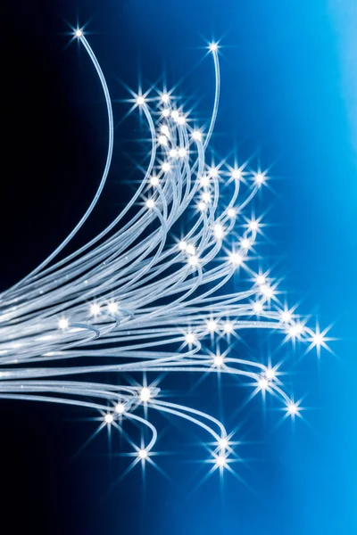 Fascio di fibre ottiche con luci alle estremità. Backgroun blu — Foto Stock