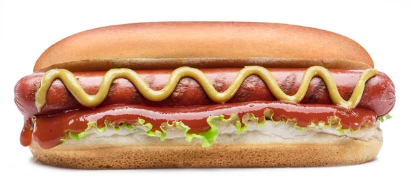 Hot dog - sült kolbász, egy zsemle, elszigetelt fehér mártások — Stock Fotó