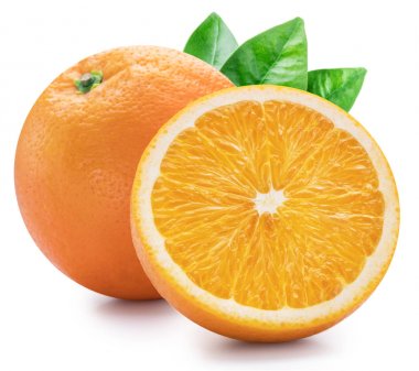 Beyaz arka planda turuncu yaprakları ile Portakal meyveleri. Kırpma p