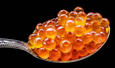 Gümüş kaşık siyah zemin üzerine kırmızı havyar. Makro resim.