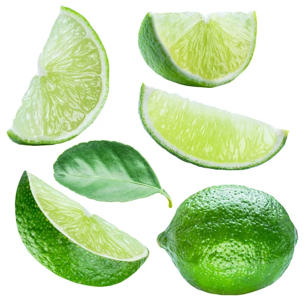 Set of ripe lime slices and leaf on white background. Clipping p — Stock Photo, Image