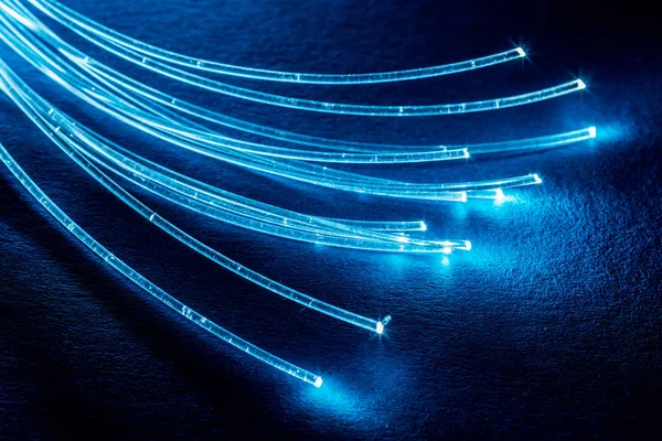 Bundel van optische vezels met verlichting in de uiteinden. Blauwe backgroun — Stockfoto