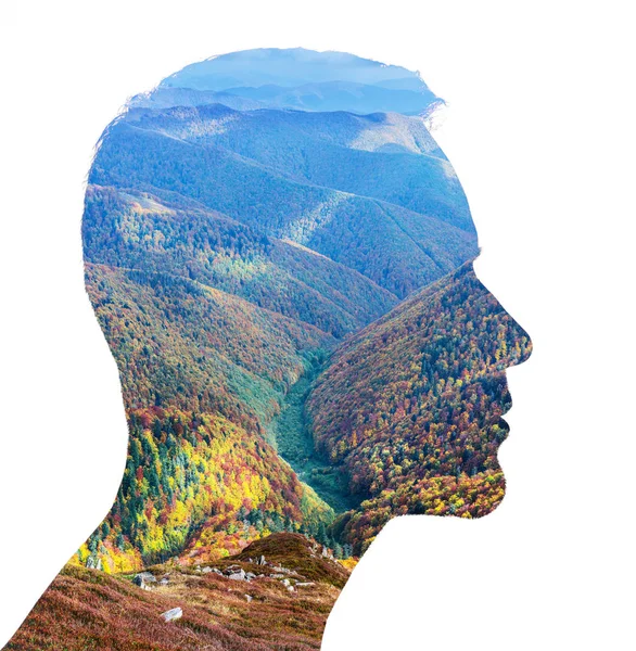 Creative double exposure of a man and autumn forest. — Stock Photo, Image