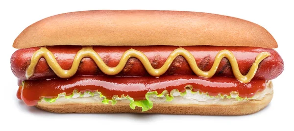 Hot dog - sült kolbász, egy zsemle, elszigetelt fehér mártások — Stock Fotó