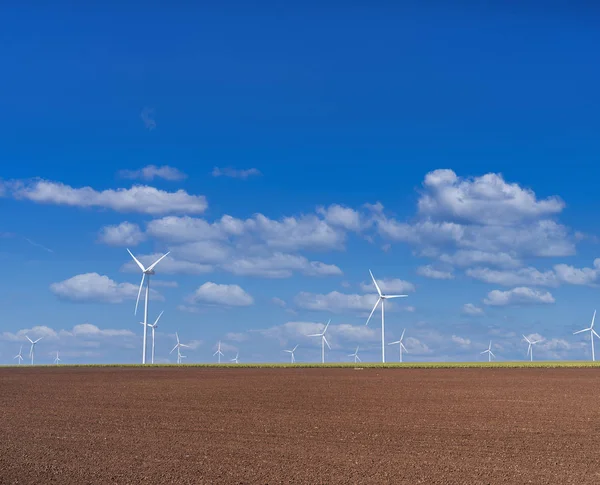 Windkraftanlagen auf dem Feld. wolkenloser Himmel im Hintergrund — Stockfoto