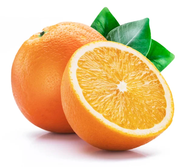 Orange fruit with orange slices and leaves isolated on white bac — Stock Photo, Image