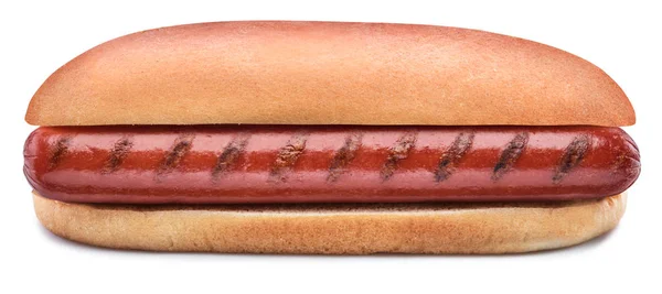 Hot dog - salsiccia alla griglia in un panino isolato su sfondo bianco . — Foto Stock