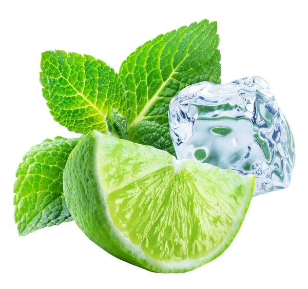 Tranche de lime mûre, glaçon et feuilles de menthe sur fond blanc. C — Photo