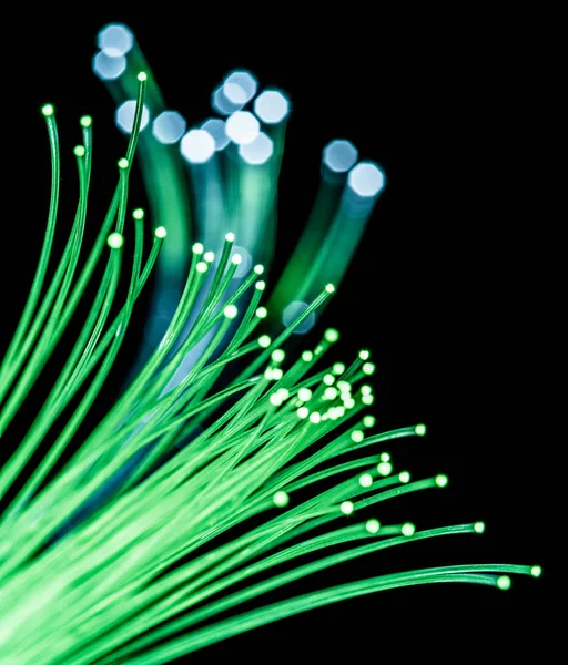 Bundle of optical fibers with green light. Black background. — Stock Photo, Image