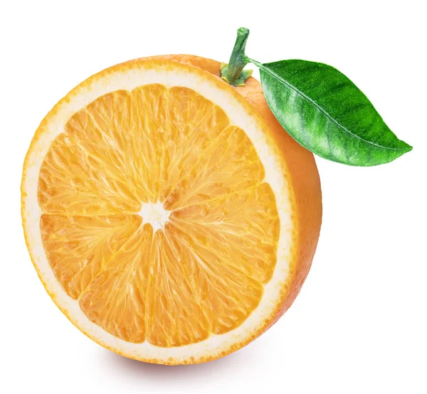 Orange fruit half with orange leaf on white background.  Clippin — Stock Photo, Image