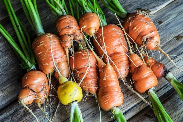 Carote biologiche fresche e fette di carota su fondo di legno . — Foto Stock