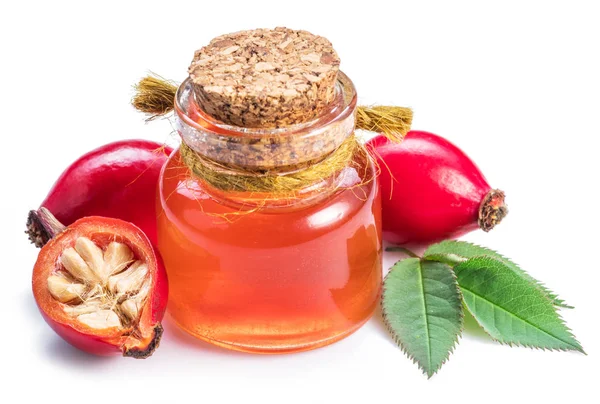 Rose-hips and rosehip seed oil on the white background. — Stock Photo, Image