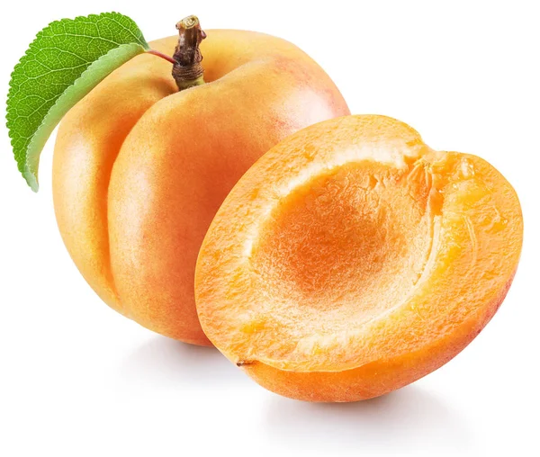 Ripe apricot fruit with green leaf and apricot half. File contai — Stock Photo, Image