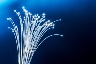 Uçları ışıklar ile optik liflerin paketi. Mavi artalan