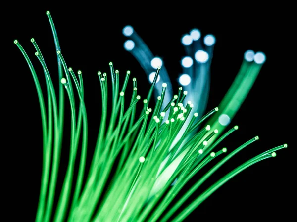 Bundle of optical fibers with green light. Black background. — Stock Photo, Image