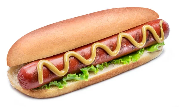 Hot dog - 白で隔離ソースとパンのソーセージのグリル — ストック写真