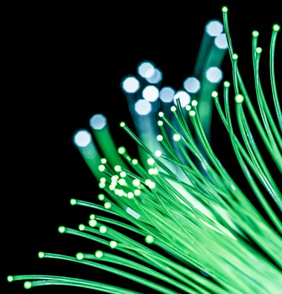 Bundle of optical fibers with green light. Black background. — Stock Photo, Image