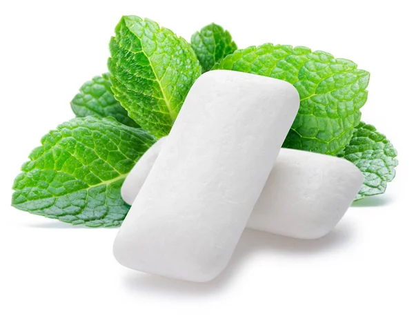 Chewing gum pads with mint leaves isolated on white background. — Stock Photo, Image