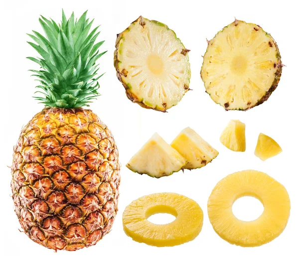 Piña, segmentos y rodajas aislados sobre fondo blanco . — Foto de Stock