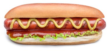 Hot dog - soslar üzerinde beyaz izole bir topuz sosis ızgara