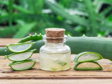 Taze aloe bırakır ve aloe jeli ahşap sekmesinde kozmetik kavanoza