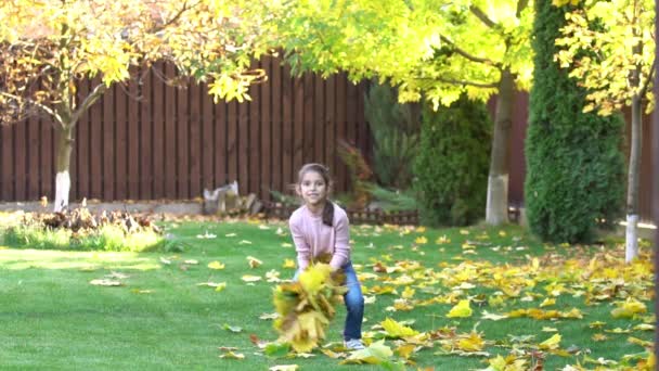 屋外の女の子が遊んで 秋の葉で喜んでいます スローモーション — ストック動画