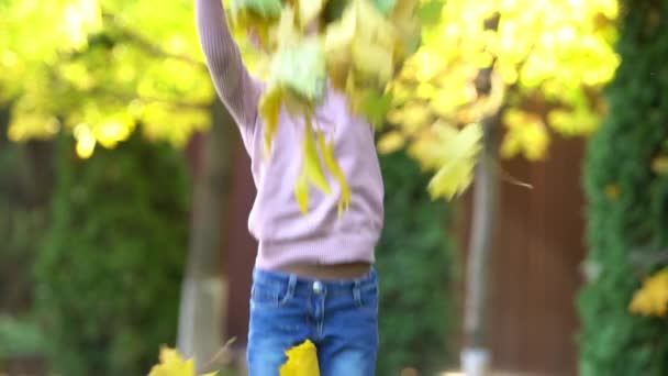 Girl Outdoor Playing Rejoices Autumn Leaves Slow Motion — Stock Video