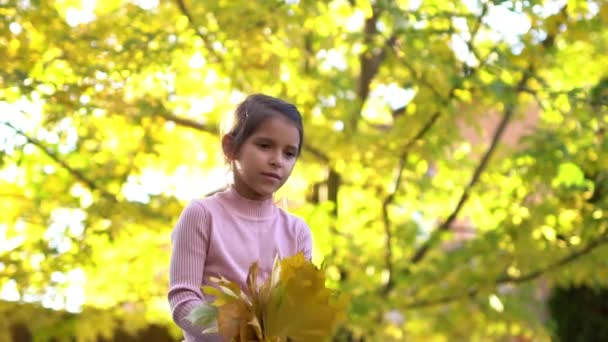 Meisje Buitenkant Speelt Verheugt Zich Met Herfst Bladeren Slow Motion — Stockvideo