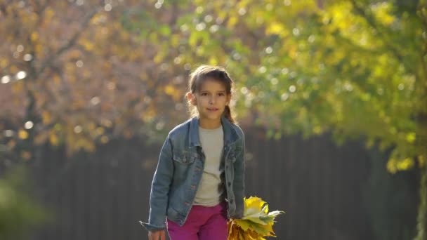 屋外の女の子が遊んで 秋の葉で喜んでいます 4Kビデオ — ストック動画