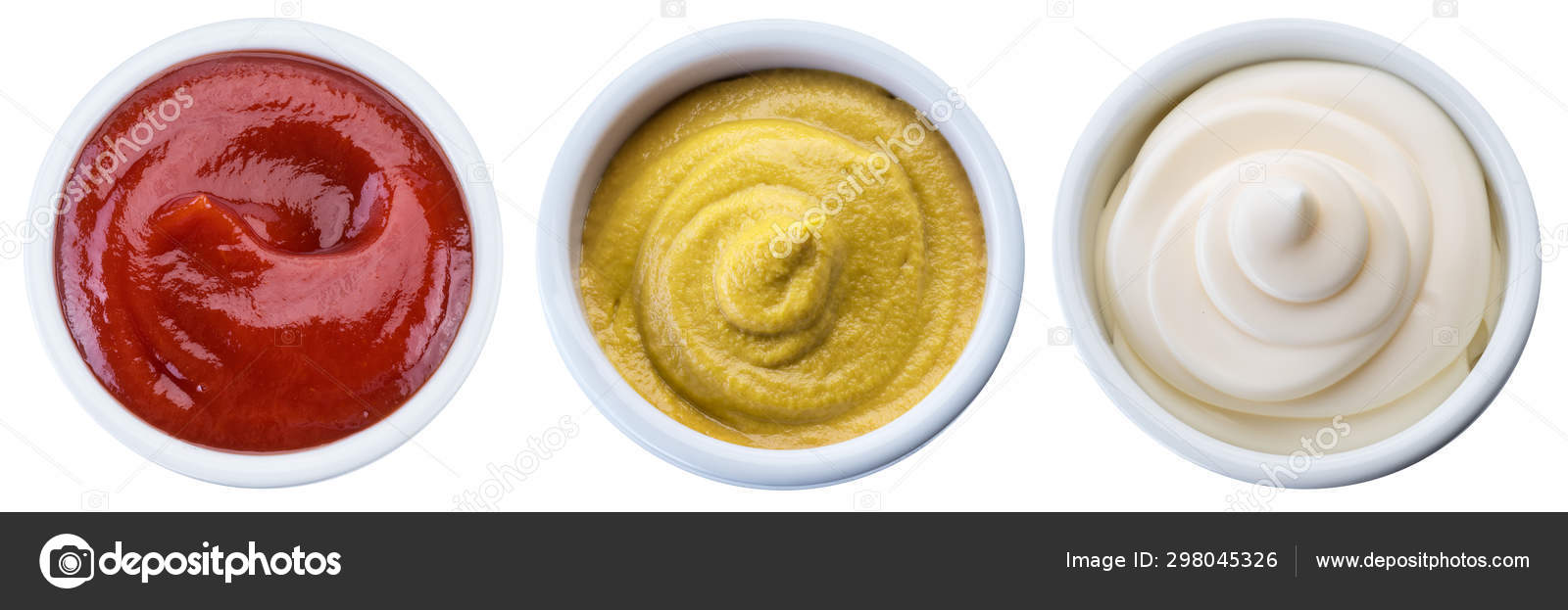 Mayonnaise, mustard and tomato sauces in white bowls. Clipping p Stock