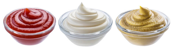 Майонез, горчица и томатные соусы в белых мисках. Обрезание p
