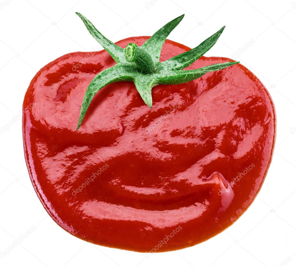 Tasty tomato ketchup in the shape of tomato fruit isolated on wh
