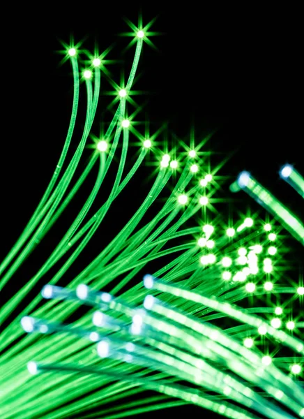 Bundle of optical fibers with green light. Black background. — Stock Photo, Image