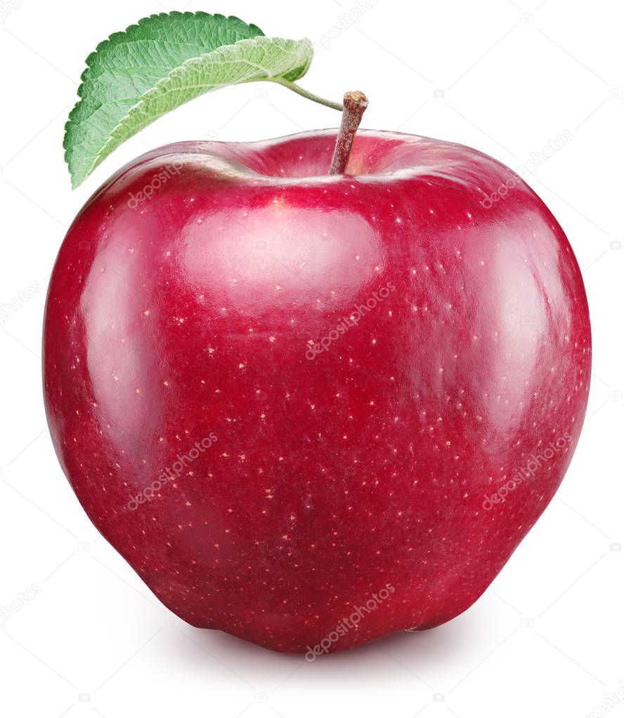 Ripe red apple fruit with green apple leaf. Clipping path.