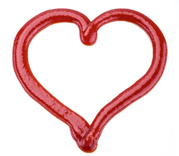 Ketchup in a shape of heart on white background.