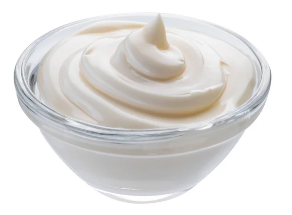 Mayonnaise swirl in glass bowl. Clipping path. — Stock Photo, Image