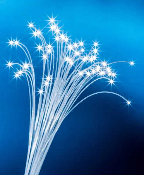 Fascio di fibre ottiche con luci alle estremità. Backgroun blu — Foto Stock