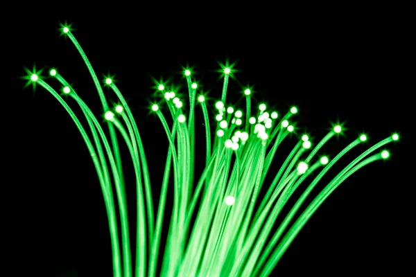 Pacote de fibras ópticas com luz verde. Fundo preto. — Fotografia de Stock