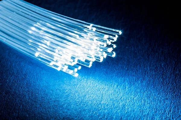 Paquete de fibras ópticas con luces en los extremos. Fondo azul. — Foto de Stock