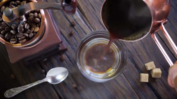 Freshly Brewed Coffee Cezve Poured Coffee Cup Steam Comes Out — Stock Video