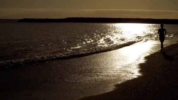 Девушка Бежит Вдоль Берега Океана Лучах Заходящего Солнца Монохромное Теплое — стоковое видео